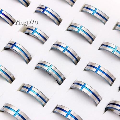 Yingwu 10pcs Titanium Stainless Steel Rings for Women Men Blue Cross Ring Fashion Wedding Band Jewelry Gift Wholesale