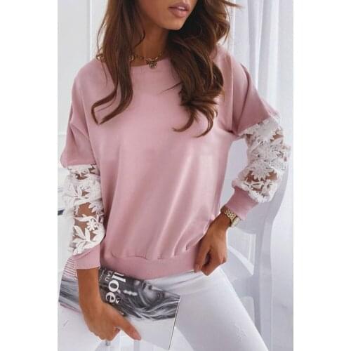 2021 Autumn Loose Casual Blouse Women Fashion Lace Long Sleeve O Neck Patchwork Hollow Out Tops Spring Woman Solid Sweatshirt