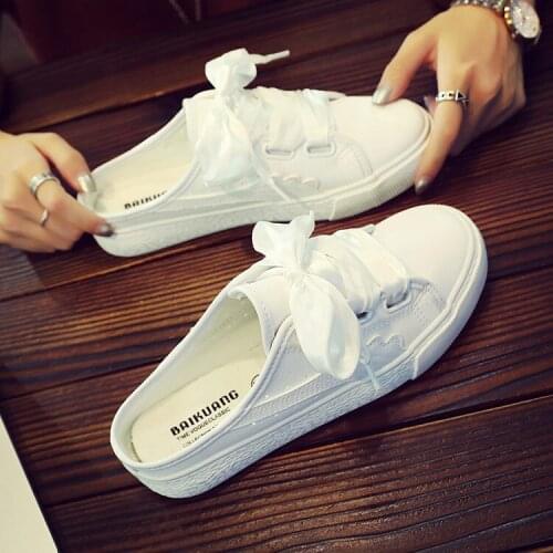 Women Lazy Slippers New 2021 Heelless Baotou Half Slippers White Shoe Female Spring Breathable Lazy Canvas Shoes