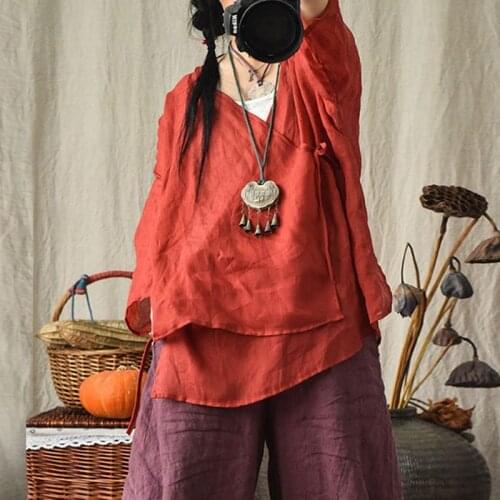 Johnature Vintage Ramie Tops Three Quarter Sleeve V-neck 2021 New Summer Clothes Belt Loose Shirts Women Blouses Cardigan