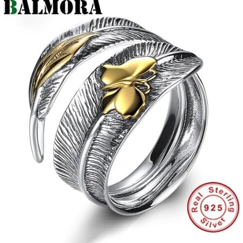 BALMORA Real 925 Sterling Silver Dragonfly Feather Leaf Retro Finger Rings for Women Party Boho Punk Fashion Statement Jewelry