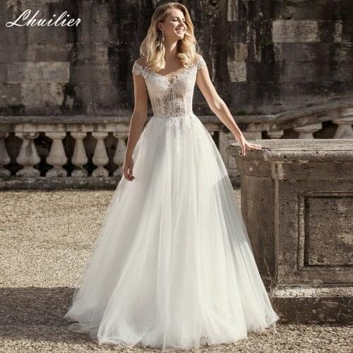Lhuilier Womens Scoop Neck A-line Tulle Wedding Dresses 2021 Floor Length Cap Sleeves Illusion Sweep Train Bridal Gowns