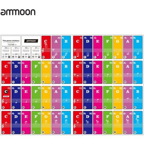Ammoon Colored Piano Keyboard Stickers for 37/ 49/ 61/ 88 Key Keyboards Removable Transparent for Kids Beginners Piano