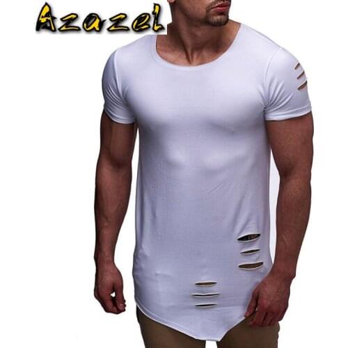 Azazel Hot 2020 New Mens Fashion Personality Holes Sharp hem clothes Neck Casual Short Sleeve T-Shirt male Plus Size Tops M-3XL