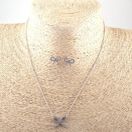 Free shipping Rhodium Plated Fashion White Cubic Zircon Bowknot Necklace & Earring jewelry set for women holiday gift