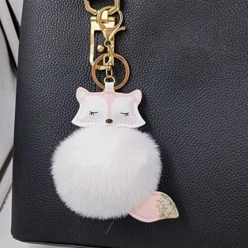 Cute PU Leather Faux Fur Fox Keychain Women Pom Pom Pendant For Bag Backpack Charms Fashion Hairball Car Key Chain Accessories