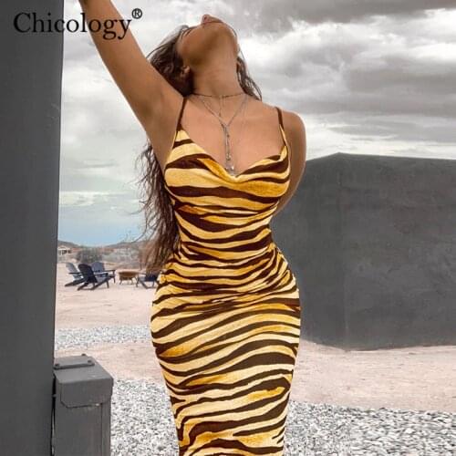 Chicology zebra stripe thin straps maxi slip dress elegant lady 2019 autumn winter women casual sexy party club long clothes