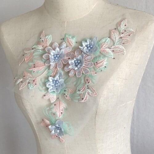 Diy embroidery beaded flower lace appliques for wedding dress embroidered floral patches for clothes big parches