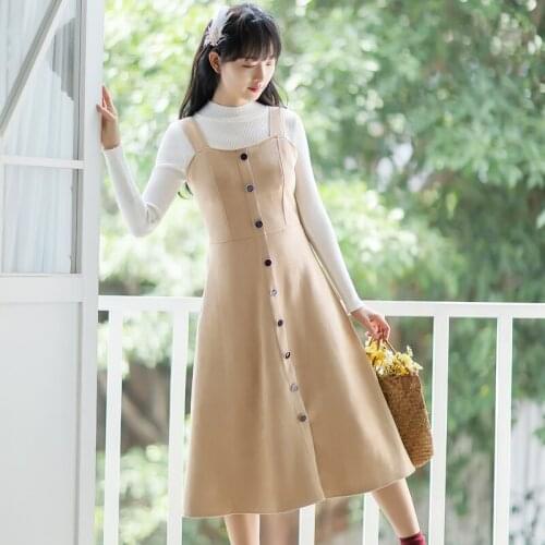 Elegant Suspender Skirt Women Pure Color All-match Dress 2021 Spring Sleeveless Single-Breasted Design Suspender Skirt Vestidos