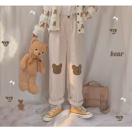 Cute Bear Head Pants Womens Loose Wide Loose Harem Trousers Spring Fall Casual Trousers Sweet Girl