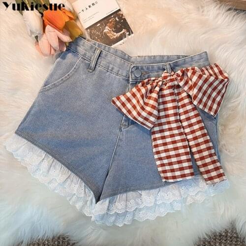 Harajuku plaid bow 2021 Summer womens denim shorts jeans women clothing loose ropa mujer short femme jean shorts plus size