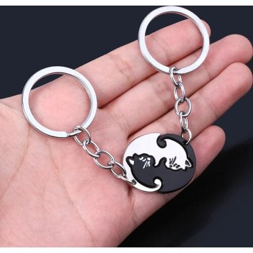 Hot New Cute Animal Black White Cat Couple Keychains Pendants Lover Keyring Pulsera For Women Men Choker Valentines Day Gift
