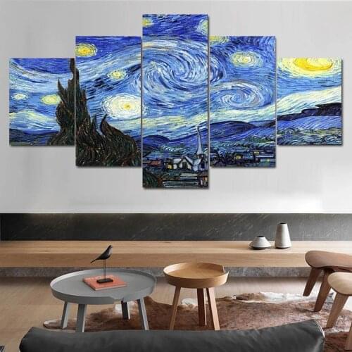 Van Gogh Starry Night 5 Split Panel Canvas Painting Pictures for Living Room Posters on Canvas Home Decoration Frameless