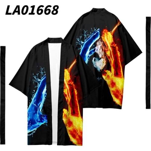 Light Effect Printed Long Style Kimono Beach Cardigan With Belt Japanese Couple Women Men Casual Asian Clothes Harajuku