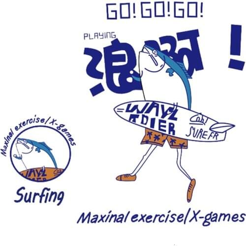 Summer Style Cartoon Cool Shark Surfing Patches Iron On Transfer Clothes Accessories Heat Transfers Stickers for T-shirt Dresses