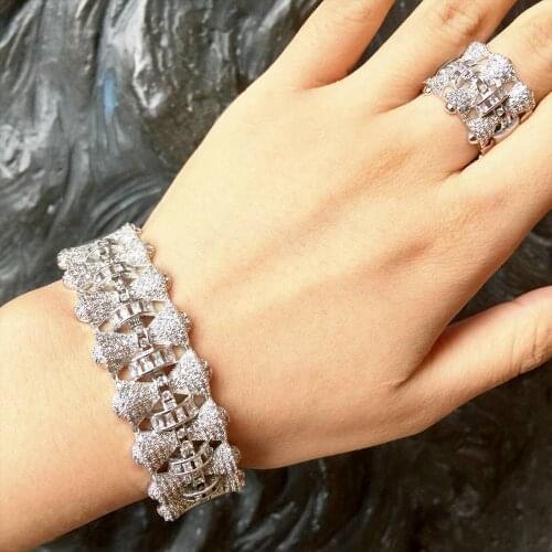 ModemAngel Luxury Brand Geometry Design Full Micro AAA Cubic Zirconia Party Wedding Saudi Arabic Dubai Wide Bangle Ring Set