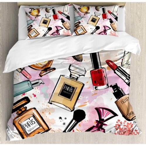 Fashion Duvet Cover Set Cosmetic and Makeup Theme Pattern with Perfume Lipstick Nail Polish Brush Modern Decorative 3 Piece Bed
