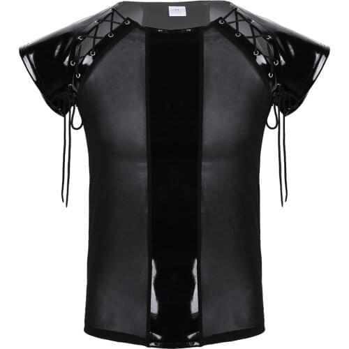 Mens Mesh See Through T-shirt Tops Splice Soft Short Sleeves Lace-up Leather T-shirt Tank Tops Muscle Slim Male Party Costumes