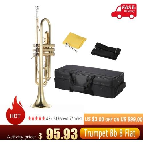 Ammoon Musical Trumpet Bb B Flat Brass trompeta Exquisite Durable trompete Musical Instrument with Mouthpiece Gloves Strap Case