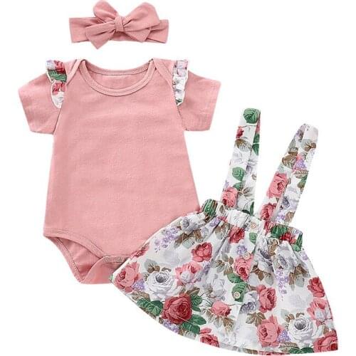 2019 0-24M Newborn Baby Girl Clothes Romper Solid Tops+Floral Skirts Overalls Headband 3Pcs Outfits Set Summer