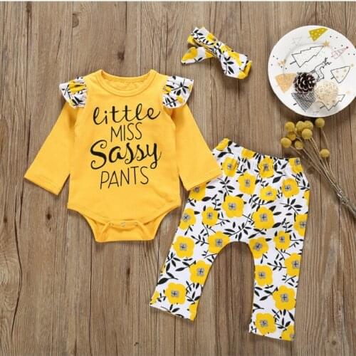 Newborn Infant Baby Girl Clothes 2020 Spring Little Miss Sassy Pants Outfit Romper+Pants+Headband 3PCS Sets