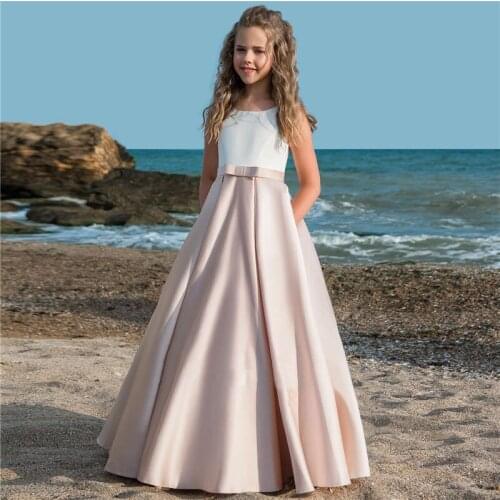 Backless Flower Girl Dresses For Weddings A-line Scoop Satin Beach Long First Communion Dresses For Little Girls