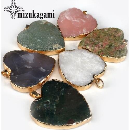 2pcs/lot 40*43mm Natural Stone Charms Pendant Semi Precious Stone Heart Pendant For DIY Jewelry Accessories