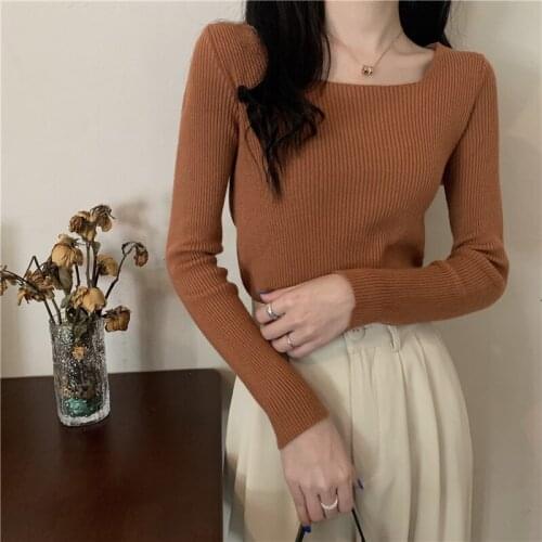 Temperament Square Collar Fall Knitted Pullovers New Solid Soft Slim Underwear Autumn Sweater Woman All Match Knit Jumper