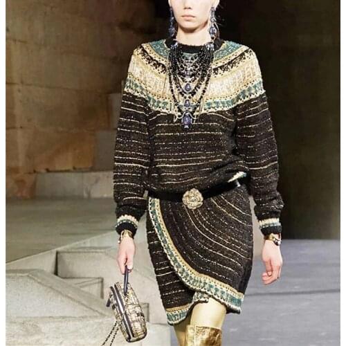 Retro Exotic Contrast Striped Lurex Patches Mohair Wool-Blend Tweed Sweater/Metallic Crochet Knit Wrap Mini Skirt Two Pieces Set