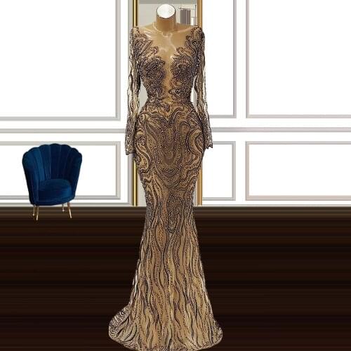 Heavily Beaded Long Sleeves Dinner Dresses for Women Handmade Wedding Guest Dress Illusion Neckline Mermaid Engagement Dress