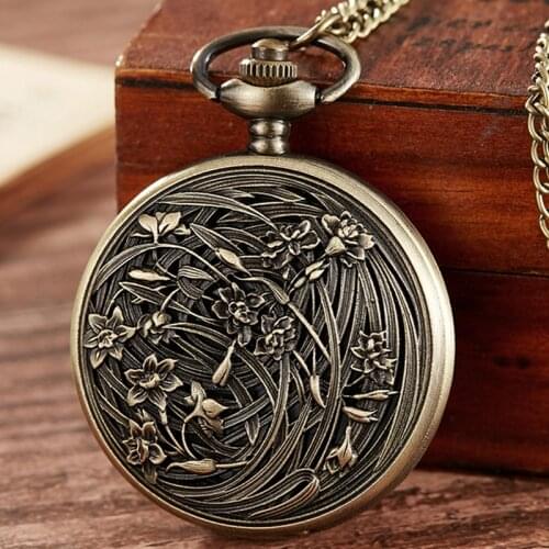 Vintage Bronze Quartz Pocket Watch Fashion Flower Laser Engraved FOB Chain Necklace Pendants Flip Clock