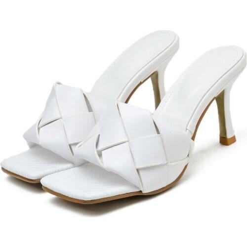 Newest Popular Weave Gingham Solid PU Leather Open Toe Outdoor Womens Slippers Stiletto Lady Shoes Sandals Size 35-41