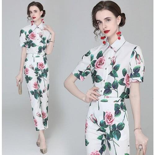 Runway Summer Clothes 2pcs Suits Womens Tops And Pants Sicilian Roses White Shirts + Long Skinny Pants Two Piece Pants Sets