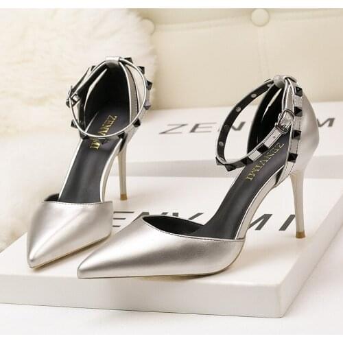 2018 women high heel party pumps wedding sexy shoes lady thin heels 9 cm ankle buckle strap pointed toe rivet nightclub fashion