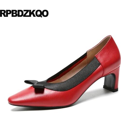 11 43 red thick 10 42 fashion brand women shoes 2019 square toe medium heels handmade suede plus size pumps bow genuine leather