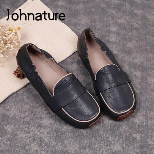 Johnature Flats Women Shoes 2021 New Spring/Autumn Genuine Leather Round Toe Concise Handmade Shallow Casual Retro Ladies Shoes