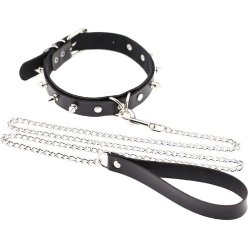Womens Punk Gothic Leash Collar Black Accessories Sexy PU Leather Slave Collar Traction Rope BDSM Bondage Necklace
