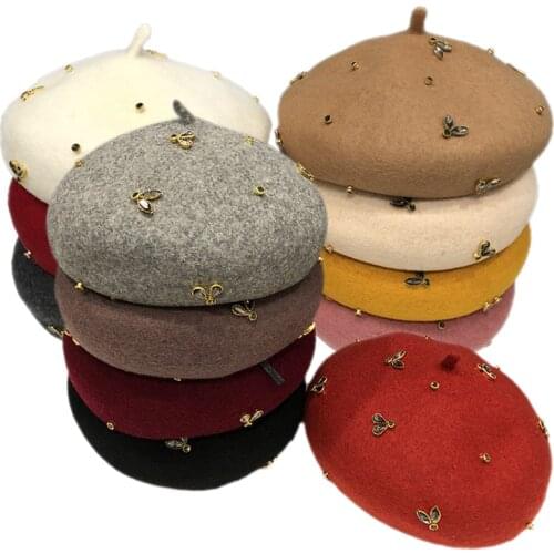 VISROVER winter wool beret with crystal bee female wool cap winter autumn spring hat solid color top quality Women Boina