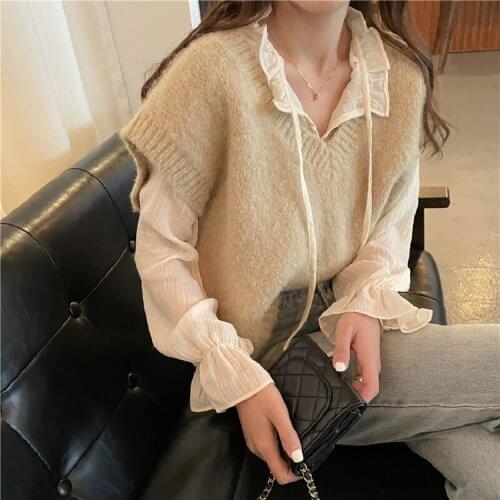 Fashion Solid Knitted Sweater Vest Womens Autumn Winter 2021 Korean Loose Retro Sweaters Sleeveless V-neck Waistcoat