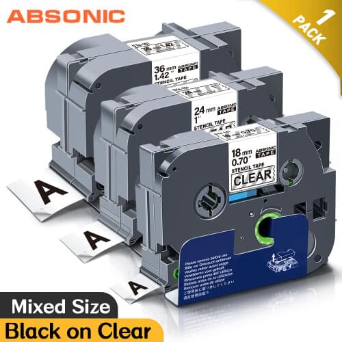 Absonic 18/24/36mm STe-141 STe-151 STe-161 Stencil Tapes 3m Length Black on Clear Compatible for Brother P-touch Label Maker