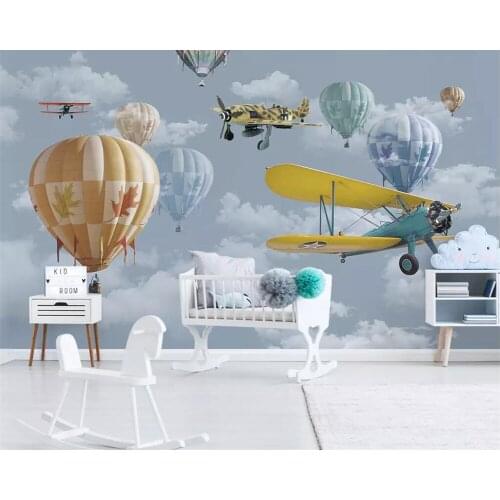 Beibehang Custom wallpaper Nordic hand-painted cartoon airplane hot air balloon childrens room background wall 3d wallpaper