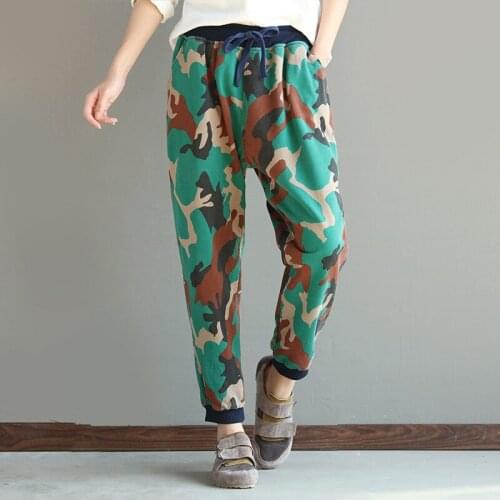 Women Painted Vintage Cross Pants Ladies Loose Camouflage Elastic waist Fashion Trousers Cotton Ankle Length Print Pants