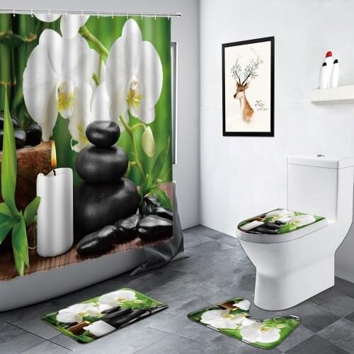 Black Stone Candle White Flower Zen Garden Scenery Shower Curtain Anti-slip Mat Toilet Cover Set Flannel Rug Mats Bathroom Decor