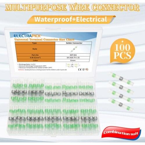 ELECTRAPICK 100PCS Waterproof Sleeve Solder Seal Wire Connectors Heat Shrink Kit Cable Terminal Tool Assortment Set