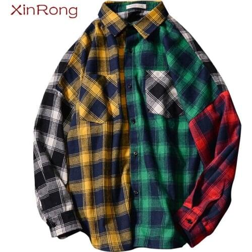 European and American version of plaid youth daily shirt lovers spring and autumn loose color matching hip-hop trend thin shirt
