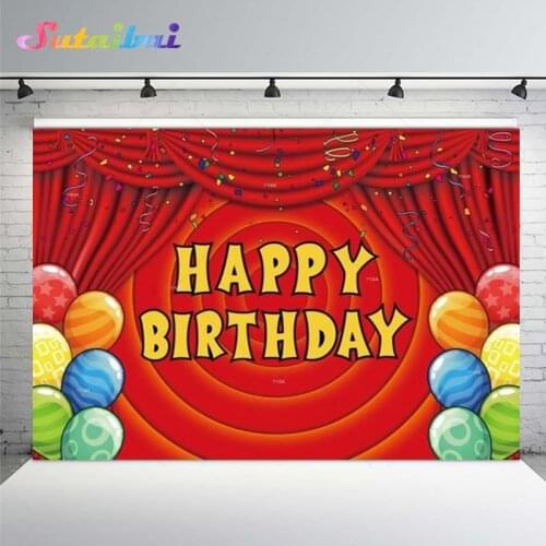 Kids Happy Birthday Party Background Red Curtain Circle Carnival Circus Balloon Decoration Backdrop Photography for Photo Studio