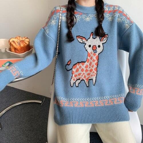 Kawaii Sweater Women Japanese Sweet 2020 Cute Animal Cartoon Pattern Sweater Student Casual Pullover Loose Blue Pull Femme