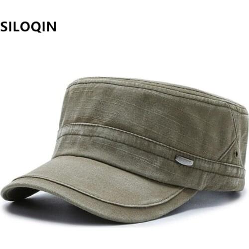 SILOQIN Adjustable Size Mens Retro Casual Army Military Hats Men Flat Cap Snapback Cap Black Caps Male Bone Cotton Sports Cap