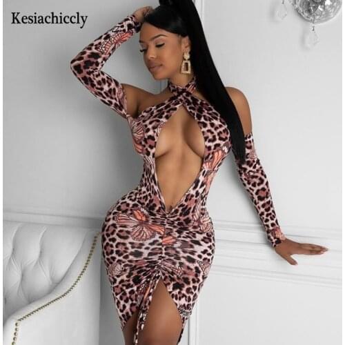 Kesiachiccly Leopard Print Spliced Sexy Mini Dress Long Sleeve Hollow Out Women Dress Nightclub Spring Autumn Short Party Dress