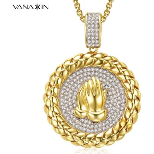 Iced Out Praying Hands Necklaces Pendants Hip Hop For Women Men Round Pendants MInlaid Zircon Jewelry Gift